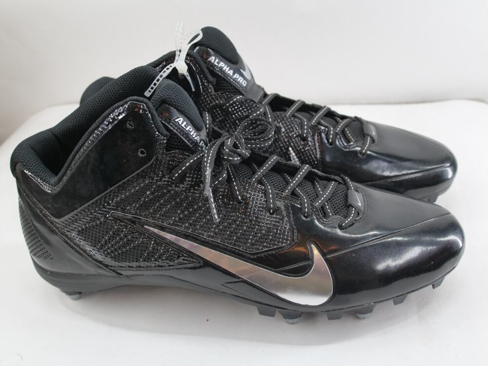 NIKE Alpha Pro D Flywire Football Cleats 599008-002 BLACK/ SILVER Mens‎ Size 15